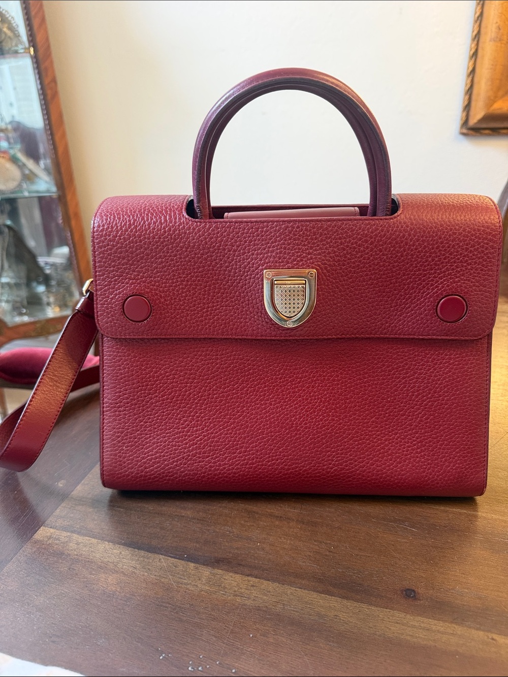 Christian Dior, Diorever Wine Red Leather Top Handle Satchel with Shoulder strap